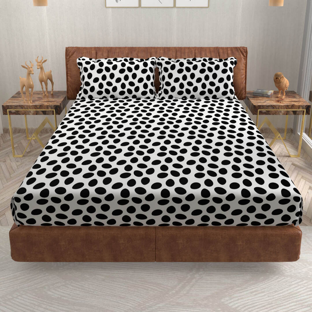 buy black and white polka dot super king size cotton bedsheets online – front view